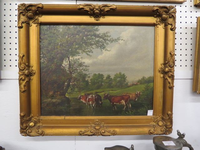 Appraisal: th Century Oil cows in the stream on canvas farm