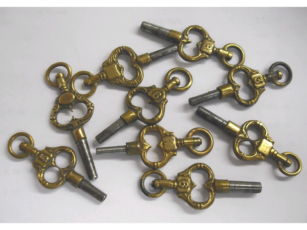 Appraisal: Nine similar crown design gilt pocket watch keys sizes -