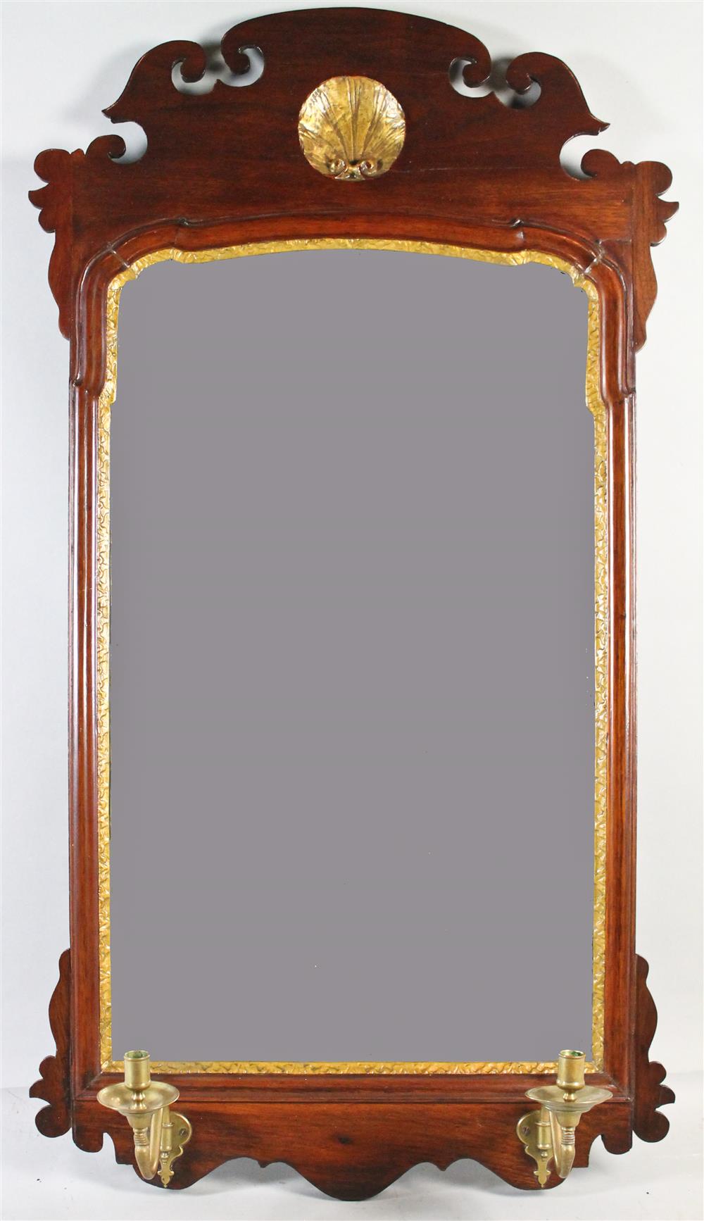 Appraisal: CHIPPENDALE STYLE MAHOGANY MIRROR WITH BRASS CANDLE SCONCES