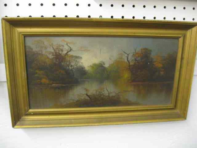 Appraisal: Oil Painting Autumn Landscape with River on artist board late