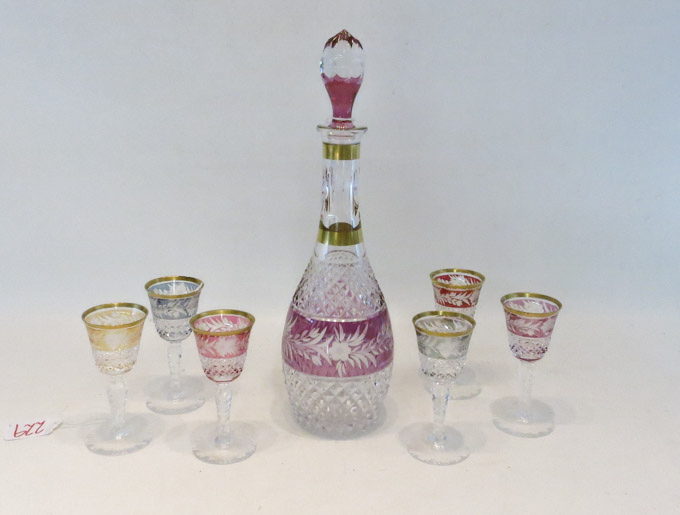 Appraisal: BOHEMIAN GLASS DECANTER WITH SIX CORDIALS all with gilt edges