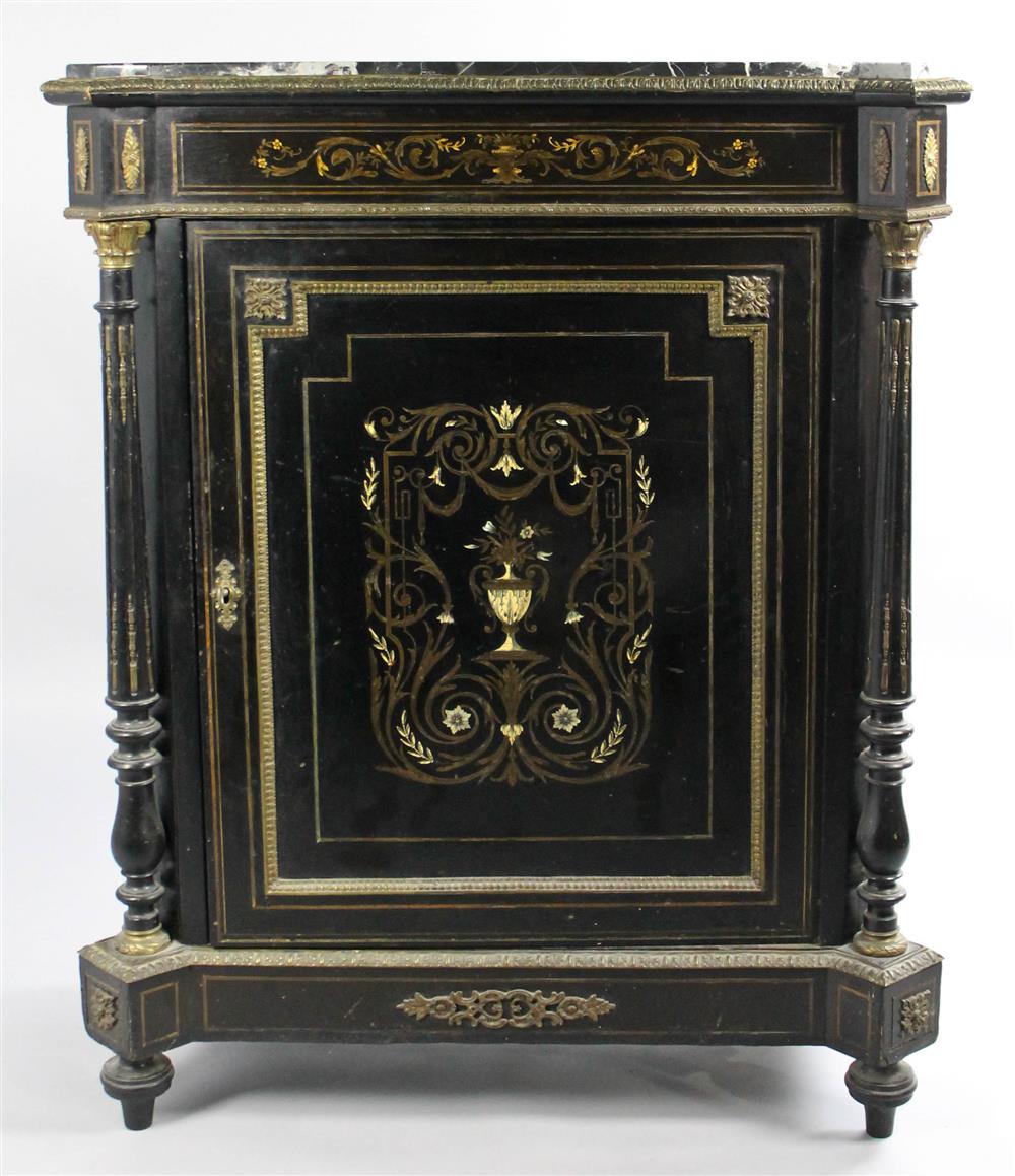 Appraisal: VICTORIAN STYLE EBONIZED AND BOULLE DECORATED CABINET WITH MARBLE TOP