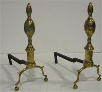 Appraisal: Pair of English brass baluster andirons Of baluster turned form