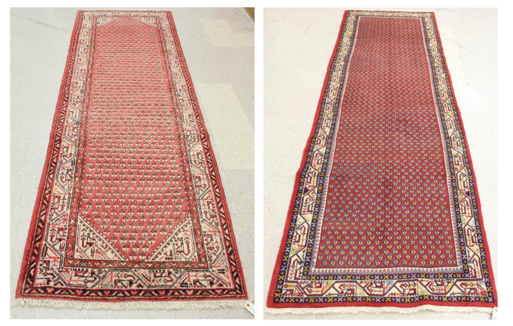 Appraisal: TWO HAND KNOTTED PERSIAN MIR SERABEND HALL RUGS both featuring