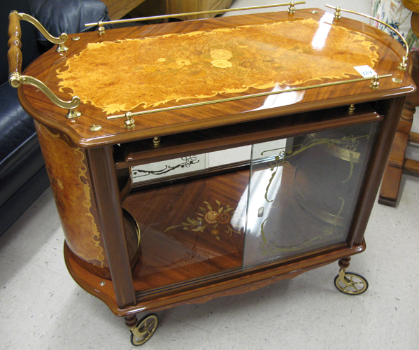 Appraisal: A MAHOGANY AND BURL MAPLE MARQUETRY SERVING CART Italian recent