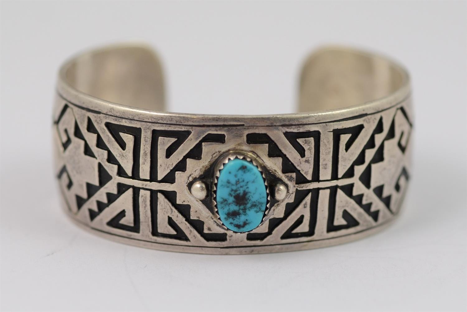 Appraisal: Kenneth Kuwanvayouma Hopi sterling cuff bracelet turquoise center stone x