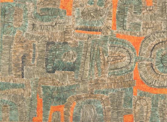 Appraisal: AMERICAN SCHOOL th century ABSTRACT IN ORANGE BLACK AND GREEN