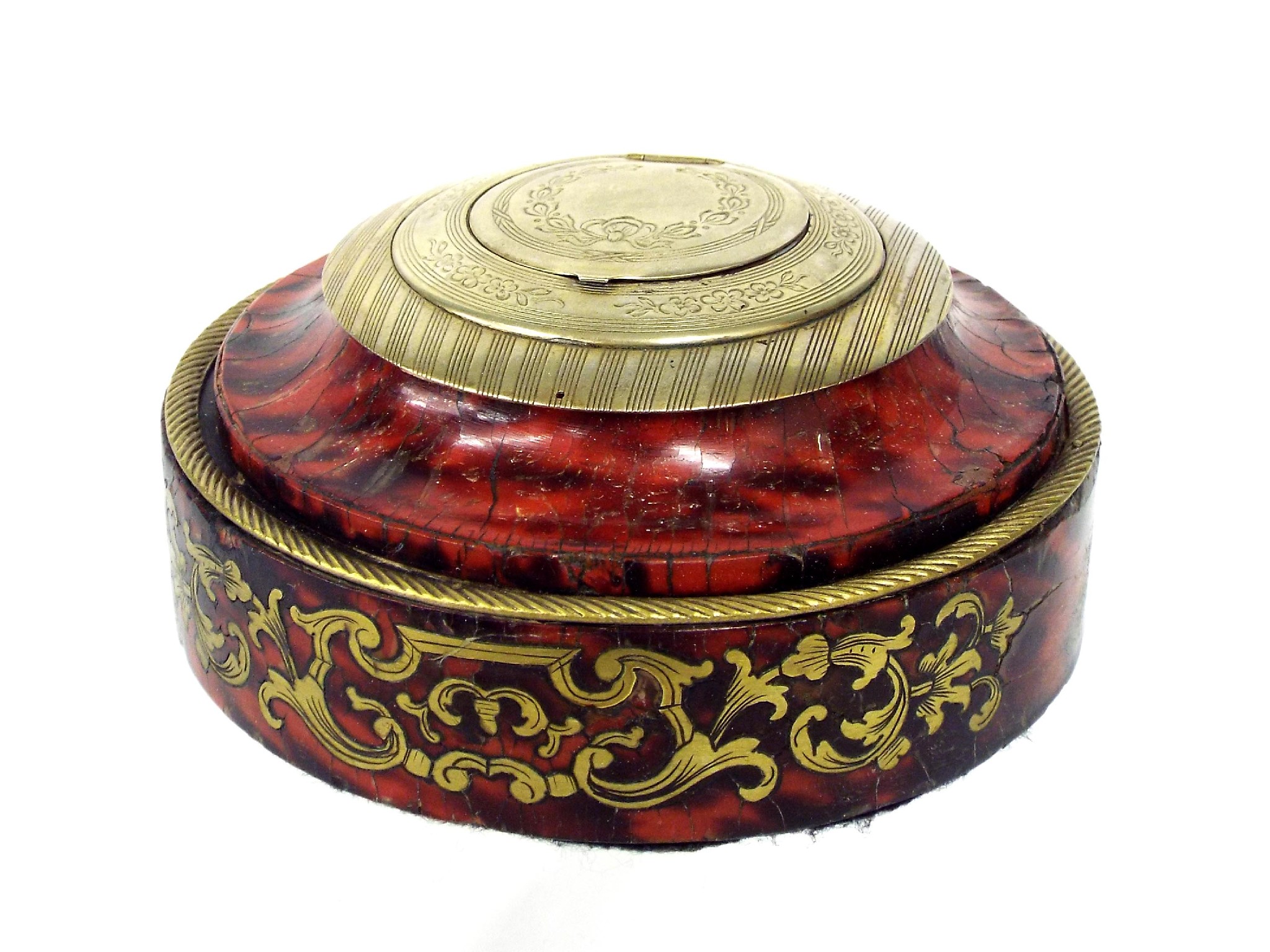 Appraisal: th century French circular tortoiseshell boulle work ink stand with