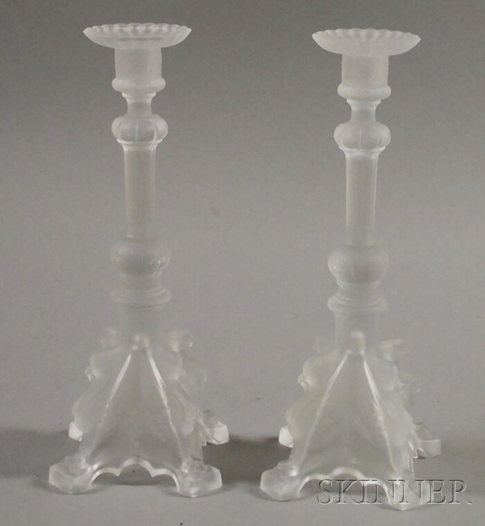 Appraisal: Pair of Val St Lambert Frosted Colorless Molded Glass Candlesticks