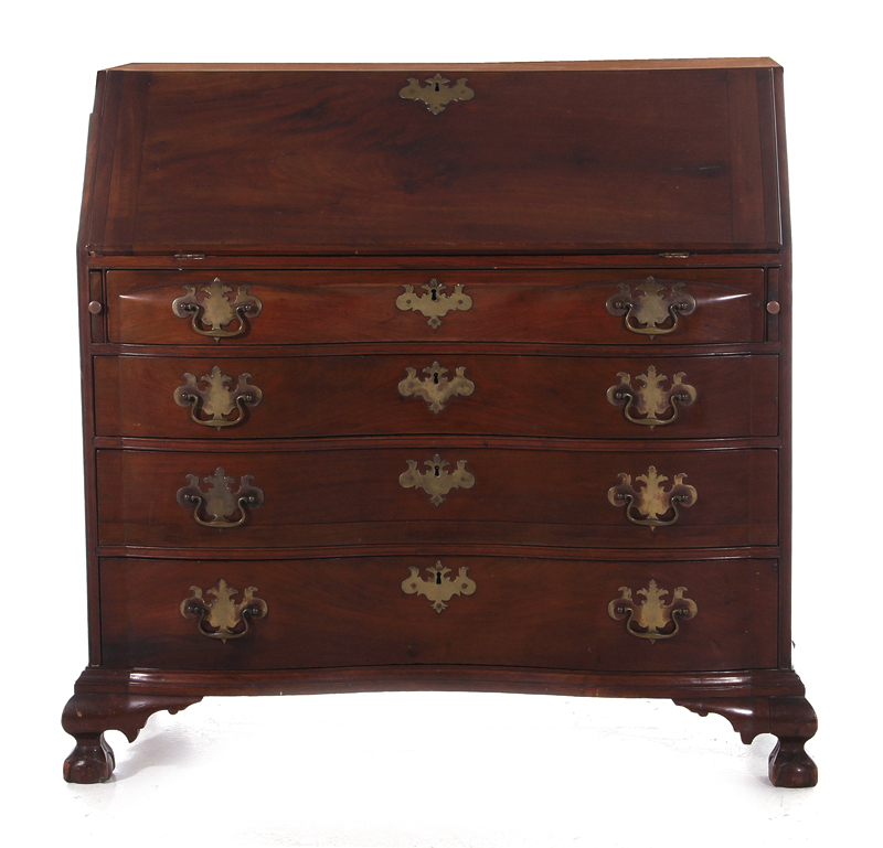 Appraisal: American mahogany slant-front desk circa fitted interior graduated drawers ball-and-claw