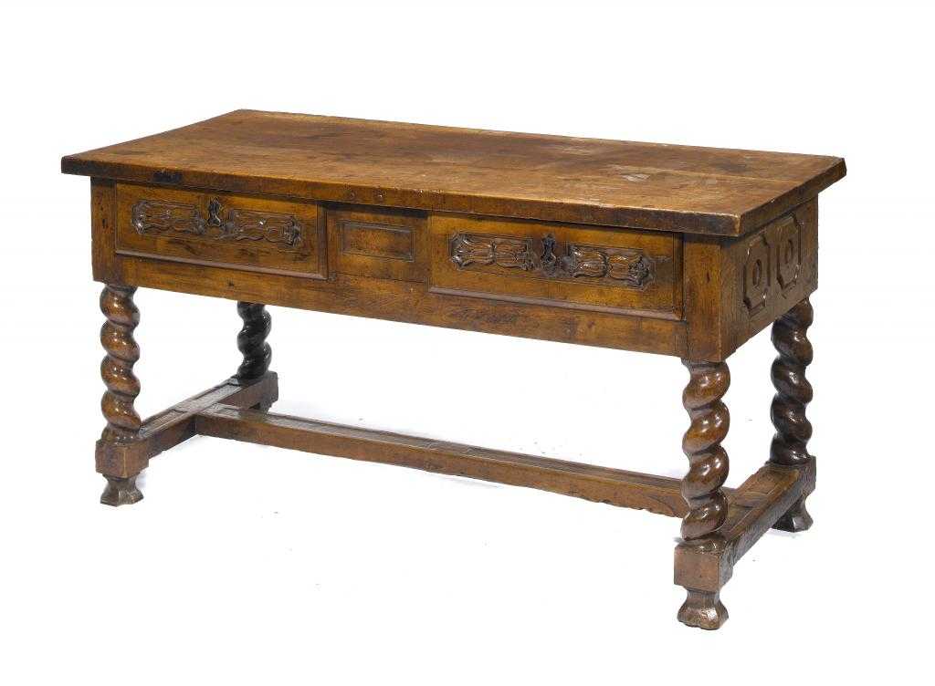 Appraisal: AN HISPANIC WALNUT TABLE the frieze with two drawers carved