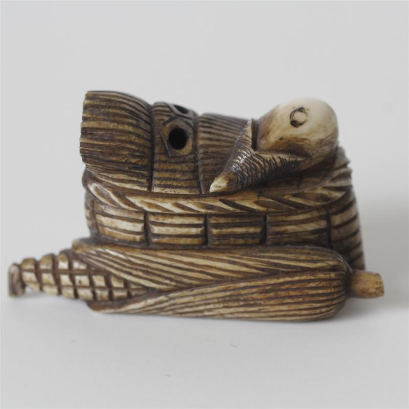 Appraisal: Japanese carved ivory netsuke basket H x W