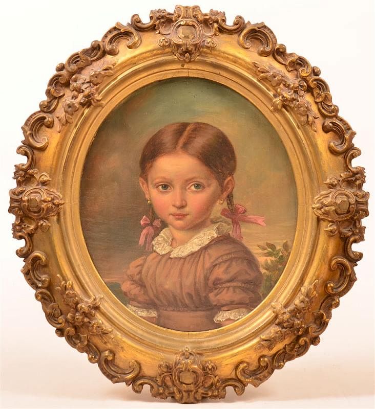 Appraisal: Oval Oil on Canvas Painting of a Girl in Pig