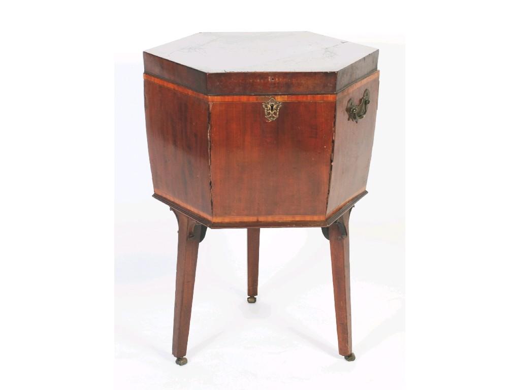 Appraisal: GEORGE III MAHOGANY SATINWOOD CROSSBANDED HEXAGONAL WINE COOLER with partitioned