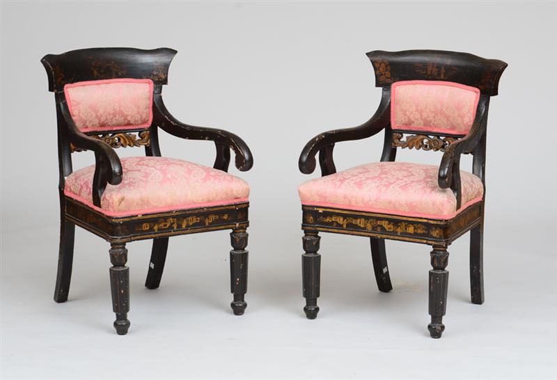 Appraisal: PAIR OF CHINESE EXPORT BLACK LACQUER AND PARCEL-GILT ARMCHAIRS With