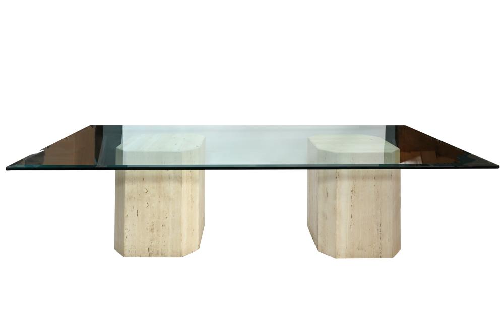 Appraisal: TRAVERTINE DOUBLE-PEDESTAL GLASS TOP TABLEunsigned Dimensions x x in x