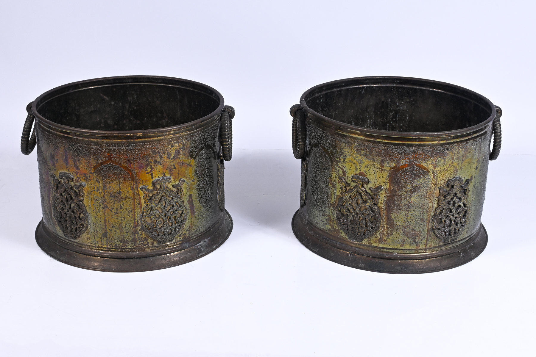 Appraisal: PAIR OF BRASS PLANTERS Pair of Middle Eastern motif brass