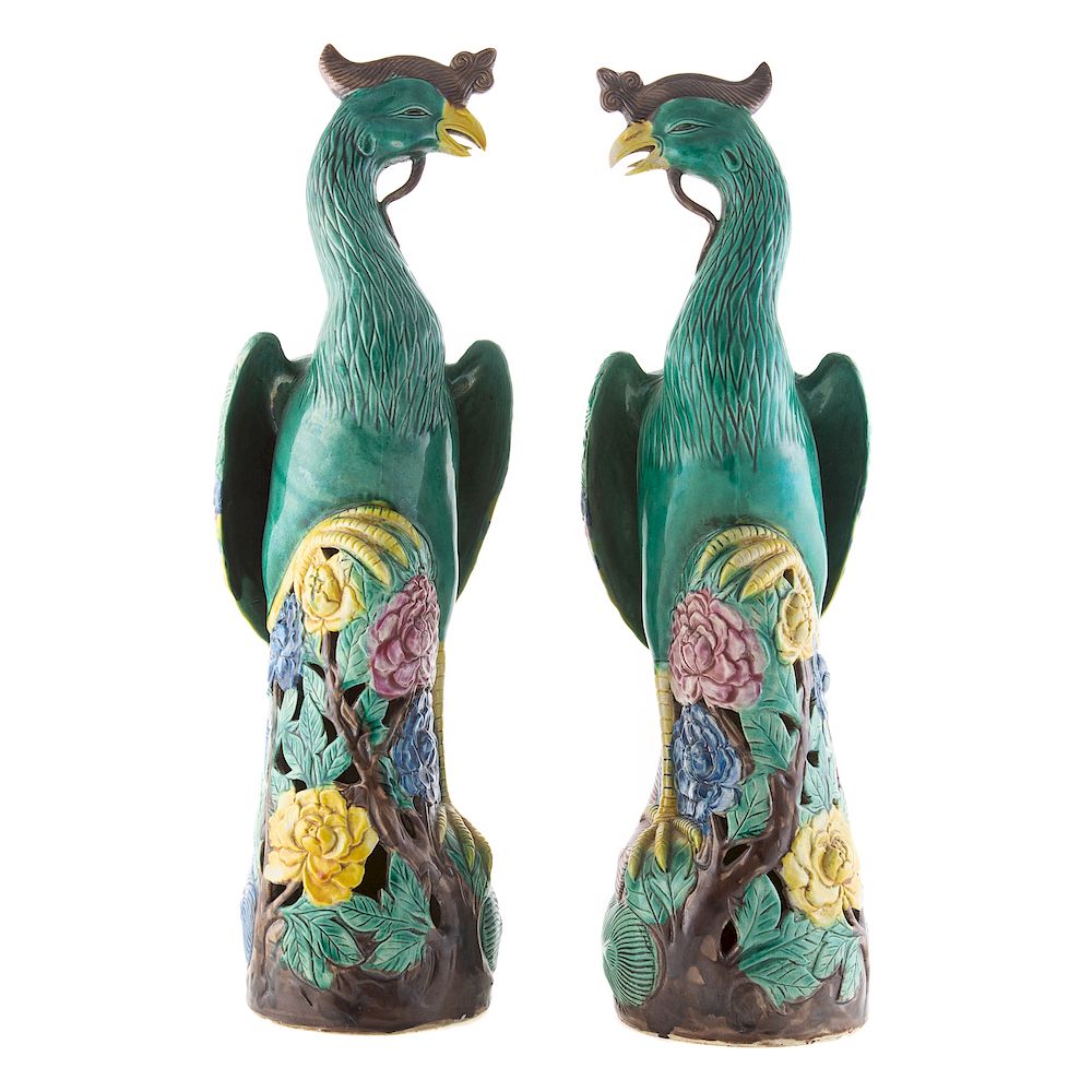 Appraisal: Pair Chinese Export Porcelain Phoenix th century bird perched on