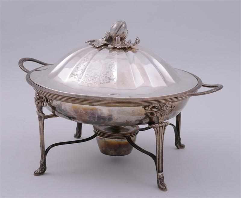 Appraisal: GEORGE III ARMORIAL SILVER CHAFING DISH ON WARMING STAND Peter