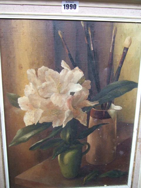 Appraisal: Mary Kent Harrison th century Flowers and Brushes oil on