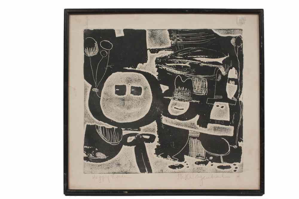 Appraisal: ETCHING - Abstract black and white with figures titled 'Happy