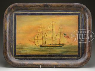 Appraisal: OUTSTANDING SHIP DECORATED ANTIQUE TOLE WARE TRAY The painting of