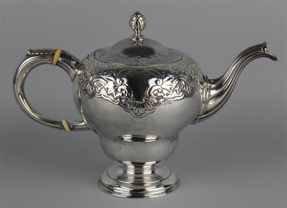 Appraisal: GEORGE II SCOTTISH SILVER INVERTED PEAR-SHAPED TEAPOT Edinburgh assay master