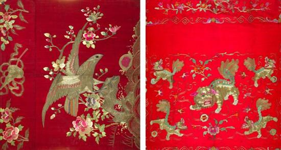 Appraisal: TWO CHINESE RED EMBROIDERED SILK PANELS - Largest in x