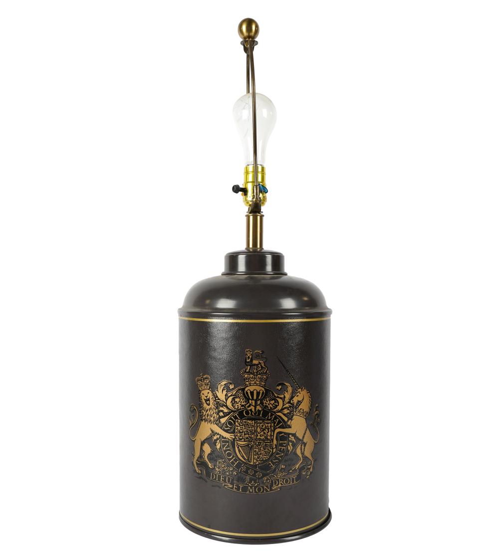 Appraisal: LEATHER-WRAPPED TOLE CANISTER LAMPdecorated with armorial crest no shade inches