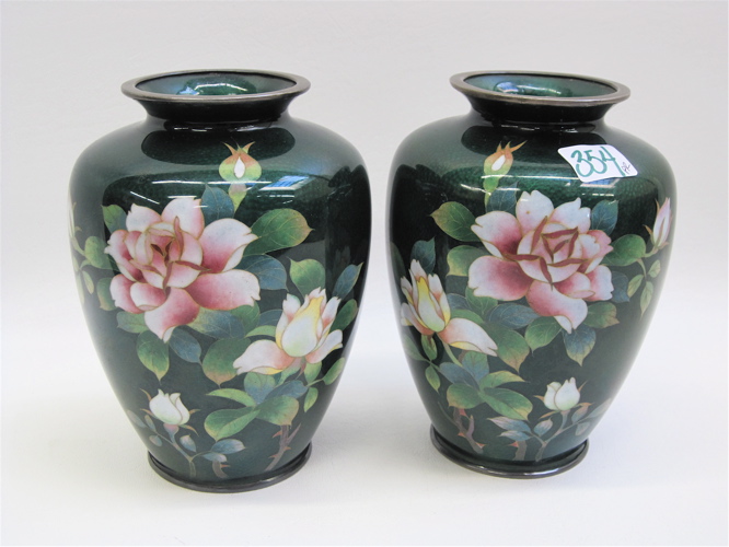 Appraisal: PAIR JAPANESE CLOISONNE VASES enameled rose blossoms on the green