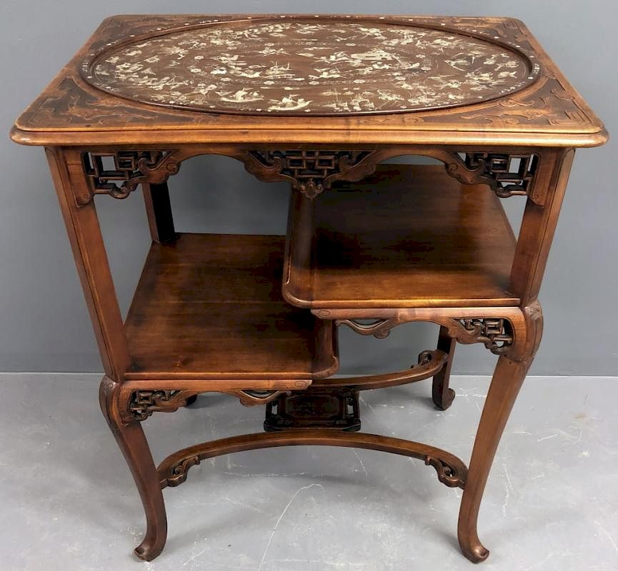 Appraisal: Chinese Mother-of-Pearl Inlaid Table Chinese what-not table with intricate mother-of-pearl