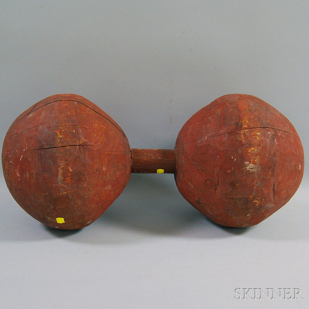 Appraisal: Red-painted Carved Wooden Carnival Strongman Dumbbell Weight America late th