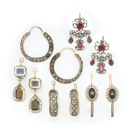 Appraisal: Five Pairs of Antique Low Karat Gold Silver Gem-Set and