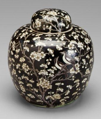 Appraisal: Chinese famille noire lidded jar prunus tree with perched birds