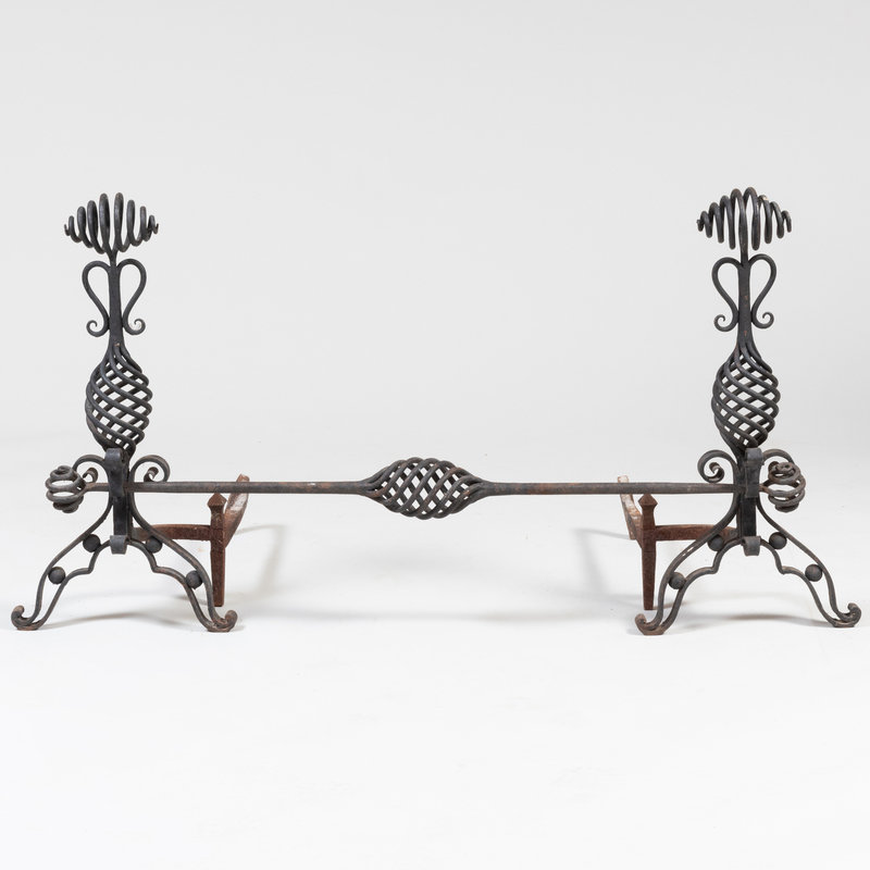 Appraisal: Pair of Wrought-Iron Andirons and a Matching Bar x x