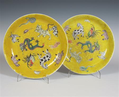 Appraisal: Two Chinese yellow ground plates each decorated with twelve animals