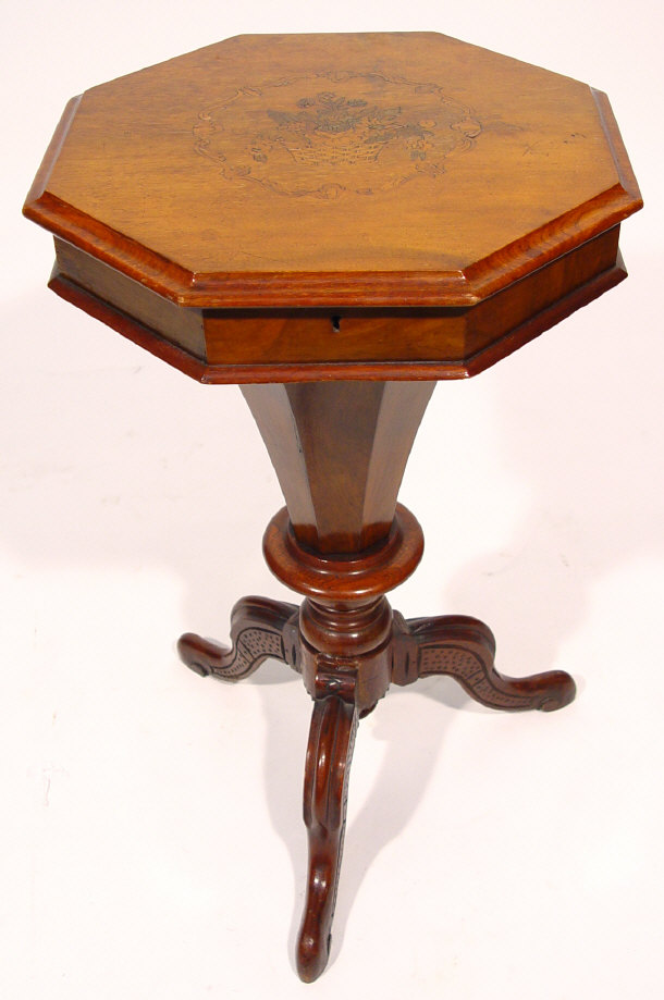 Appraisal: Victorian octagonal walnut trumpet shaped workbox the floral inlaid lid