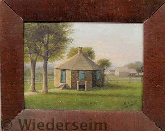 Appraisal: Oil on panel painting of an octagonal schoolhouse th c