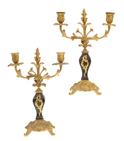 Appraisal: A PAIR OF BOULLE STYLE TWIN BRANCH CANDLESTICKS TH CENTURY