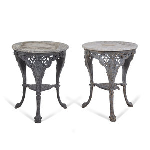 Appraisal: Two Cast Iron and Stone-Top Side Tables Height x diameter