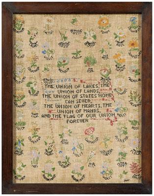 Appraisal: Patriotic state flower needlework eight-line verse from The Flag of