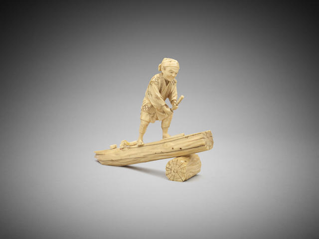 Appraisal: A Japanese ivory okimono of a wood chopper Meiji to