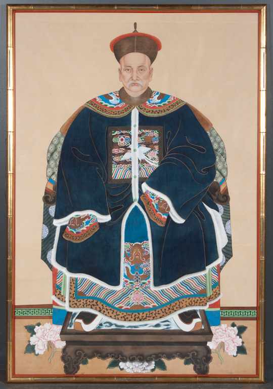 Appraisal: Chinese ancestor portrait on silk framed and portrait of seated