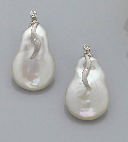 Appraisal: Freshwater Pearl and Diamond Earrings Known as coin pearls due