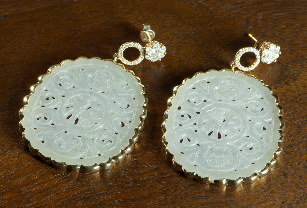 Appraisal: PAIR OF JADEITE JADE AND DIAMOND EARRINGS with Mason Kay