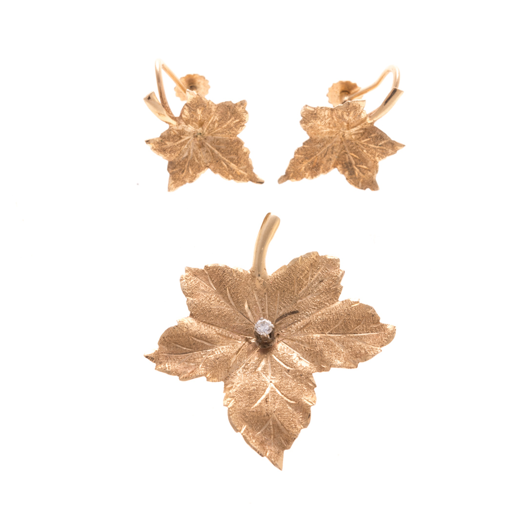 Appraisal: A K Maple Leaf Brooch Earring Set K yellow gold