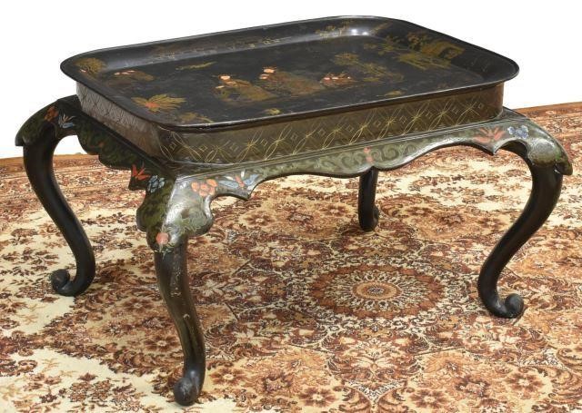 Appraisal: Chinoiserie tray-top sofa table th c having tole painted metal