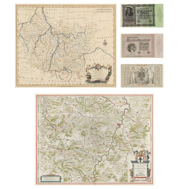 Appraisal: TWO EARLY MAPS AND FRAMED CURRENCY OF GERMAN INTEREST To