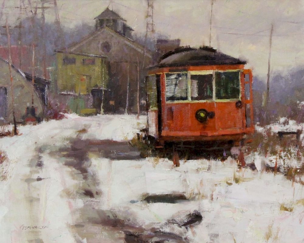 Appraisal: DANIEL GERHARTZ AMERICAN b Oil on Canvas Trolly Car Signed