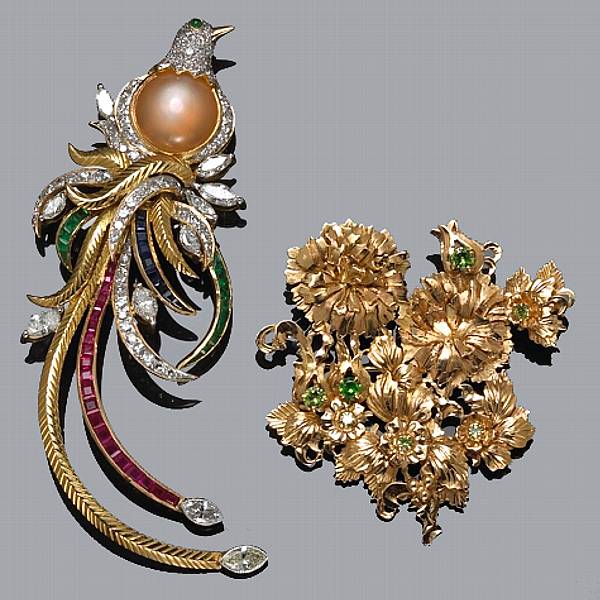 Appraisal: Two gem-set diamond and k gold brooches including a bird